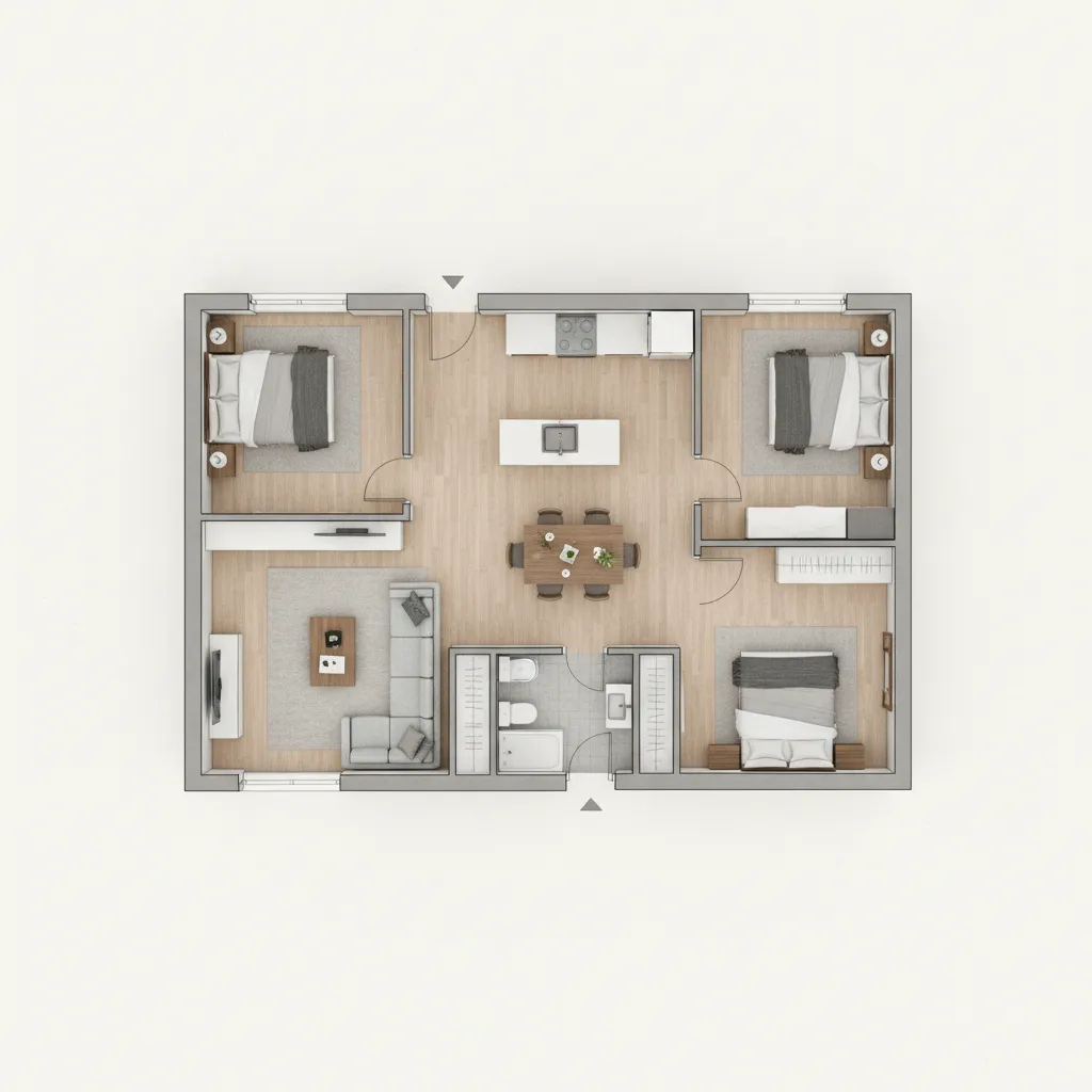 Plano arquitectónico de una casa de dos dormitorios con sala y cocina integradas