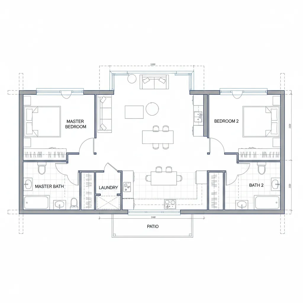 Plano arquitectónico de casa moderna con dos dormitorios