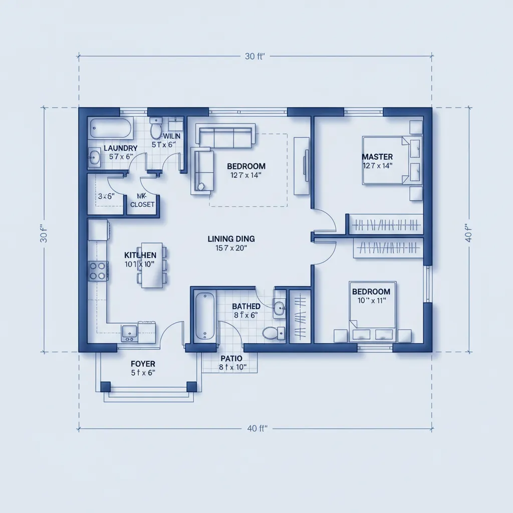 Bản vẽ kích thước mặt bằng nhà cấp 4 hai phòng ngủ