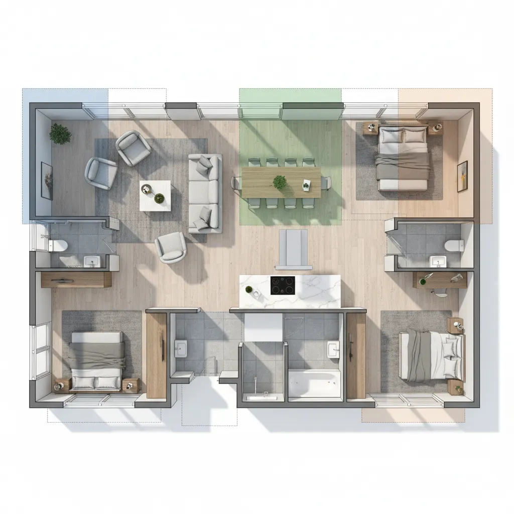 2 bedroom house floor plan showing bedroom separation and central living area