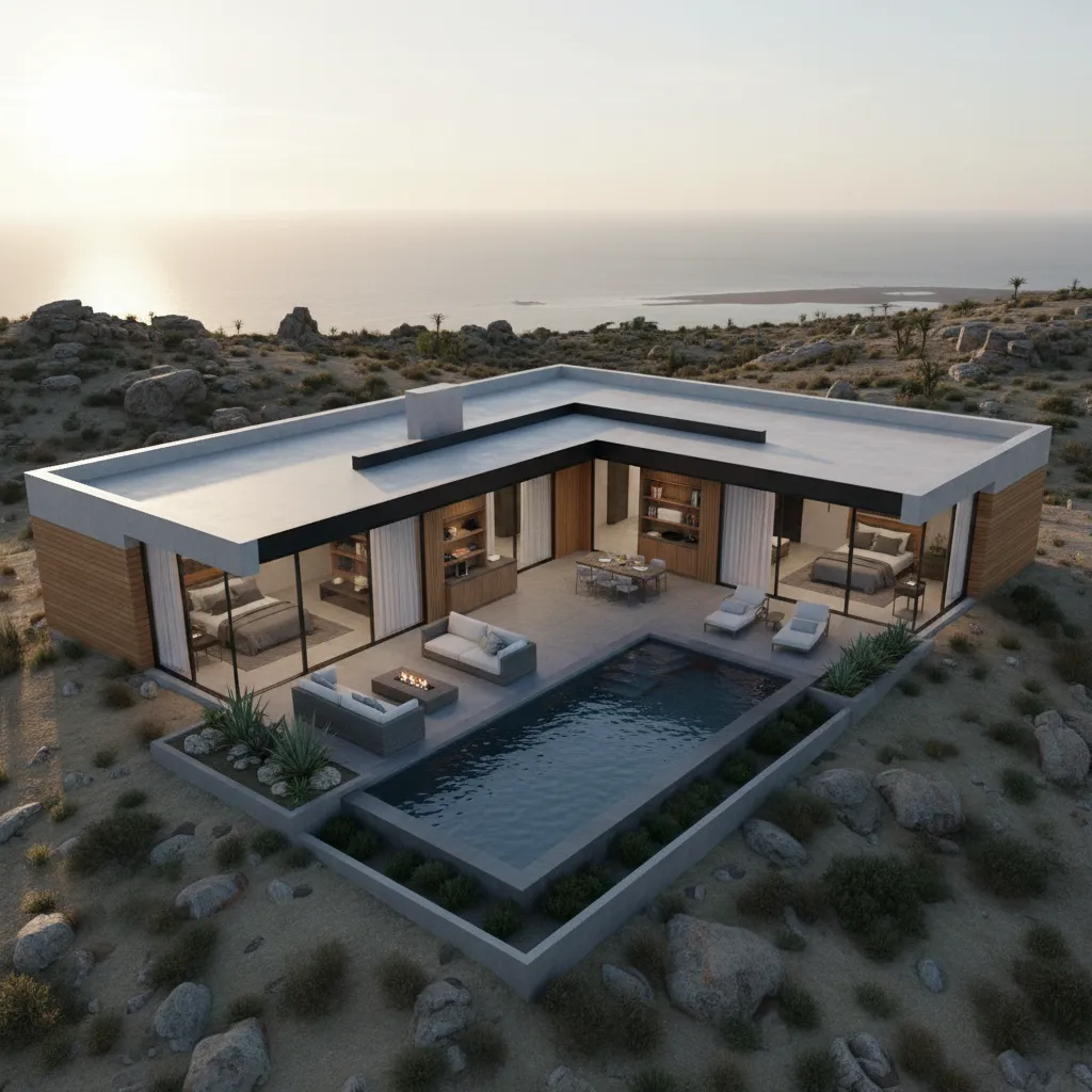 Diseño de casa de dos cuartos en forma de L con patio