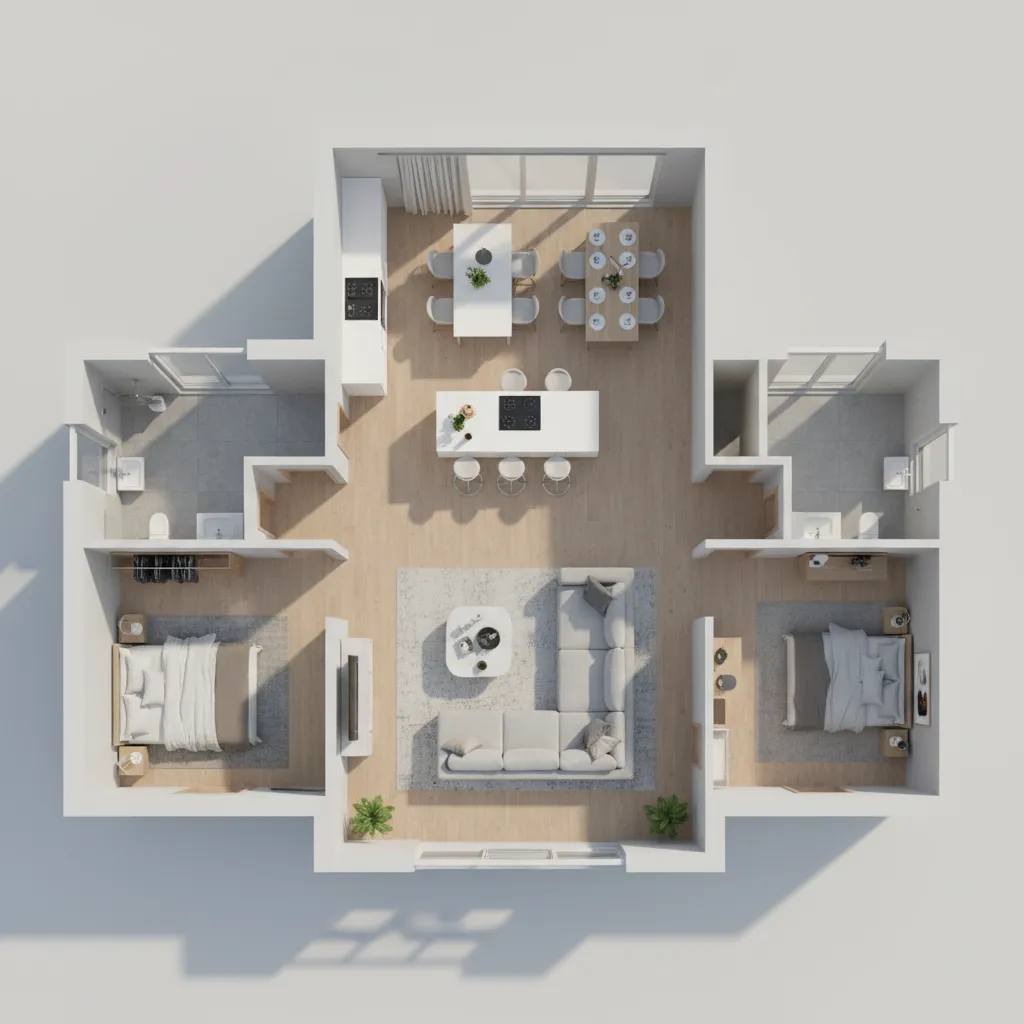 Sơ đồ bố trí tổng thể nhà cấp 4 hai phòng ngủ với phòng khách trung tâm