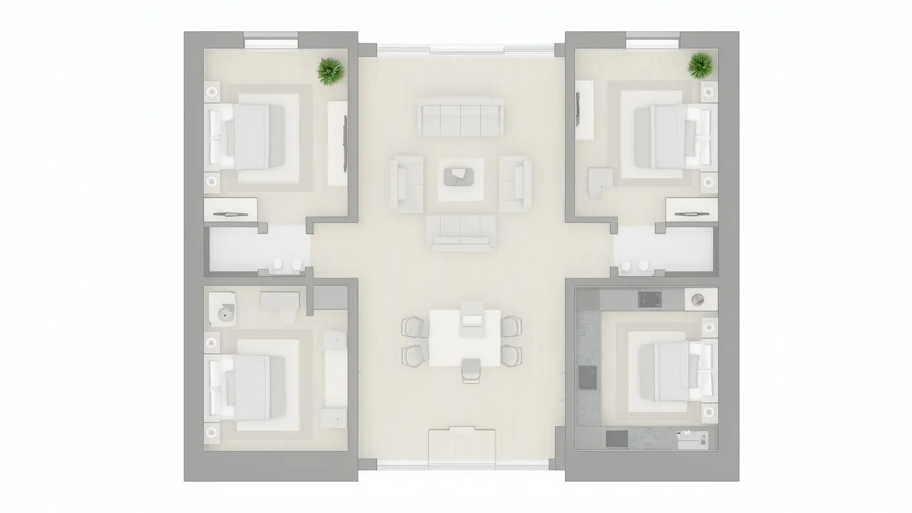 two bedroom layout with bedrooms on opposite sides for privacy