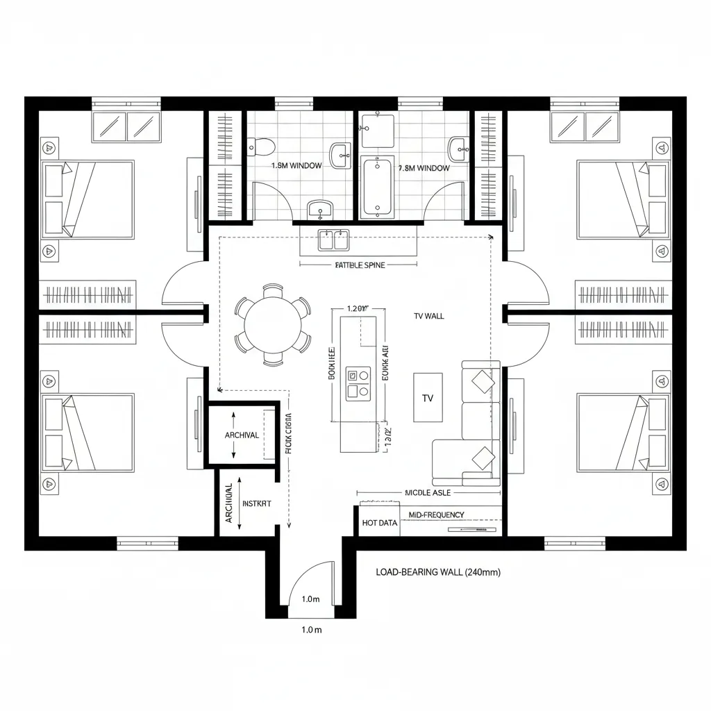 Top-down CAD plan of a two-bedroom with dual nodes and shared living core