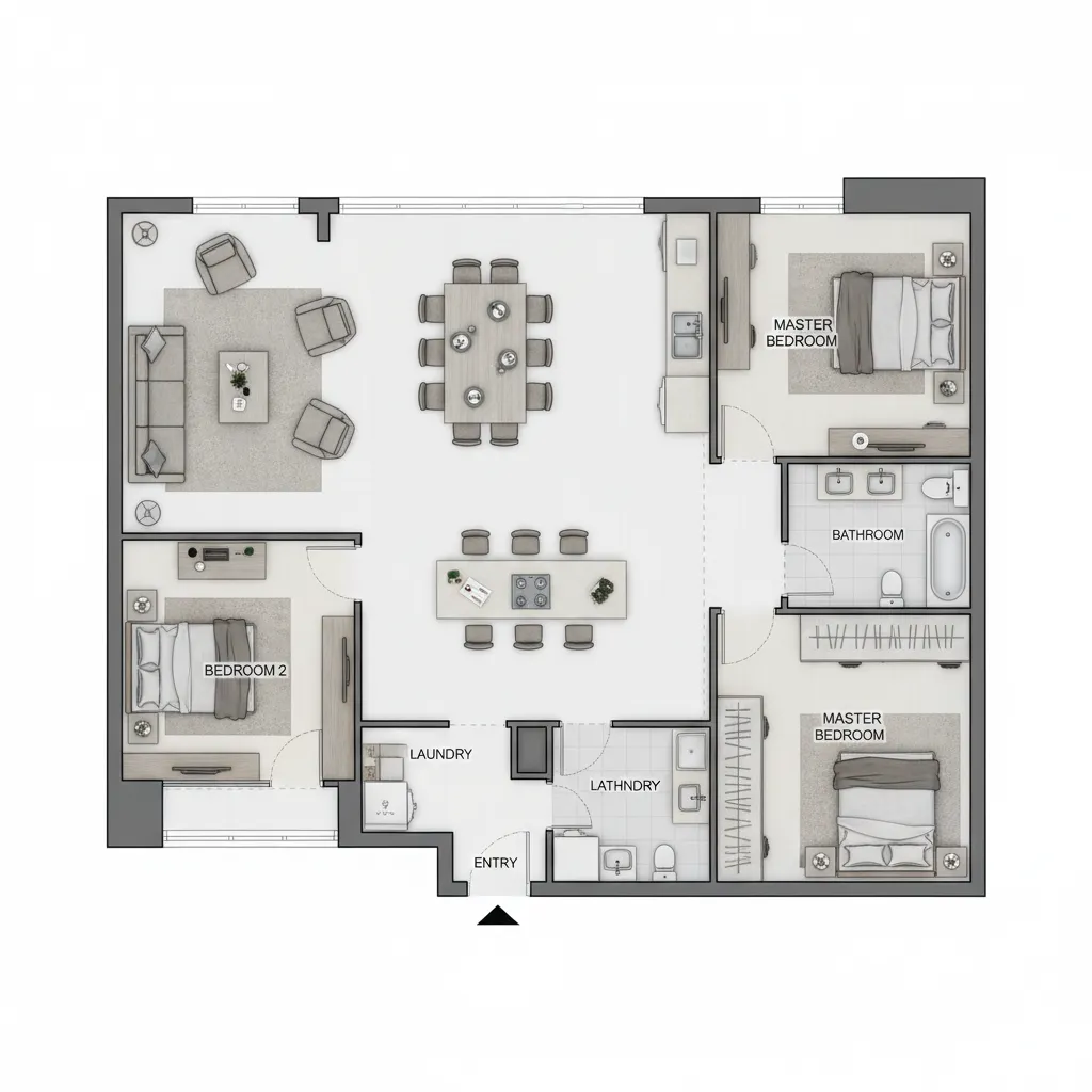 two bedroom house floor plan with open kitchen living dining layout