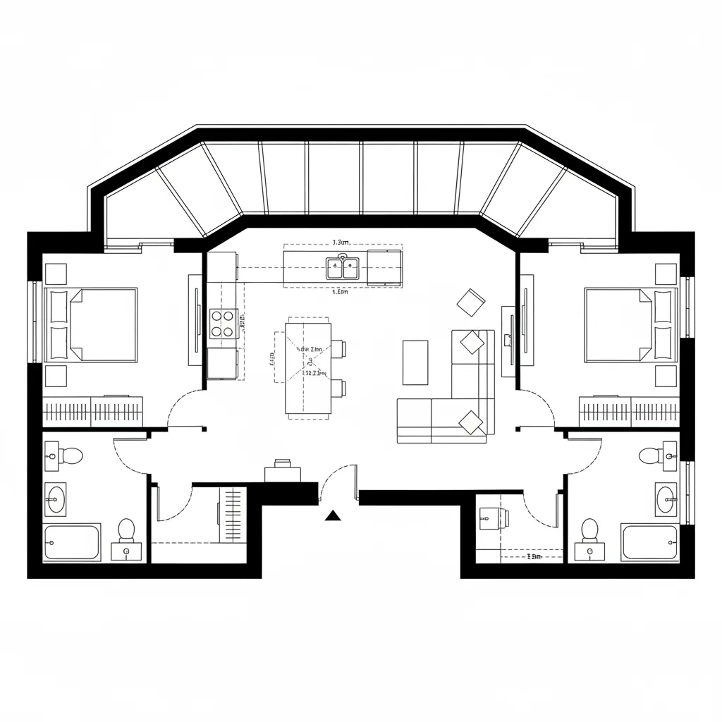 CAD plan of courtyard-facing two-bedroom ring around living core