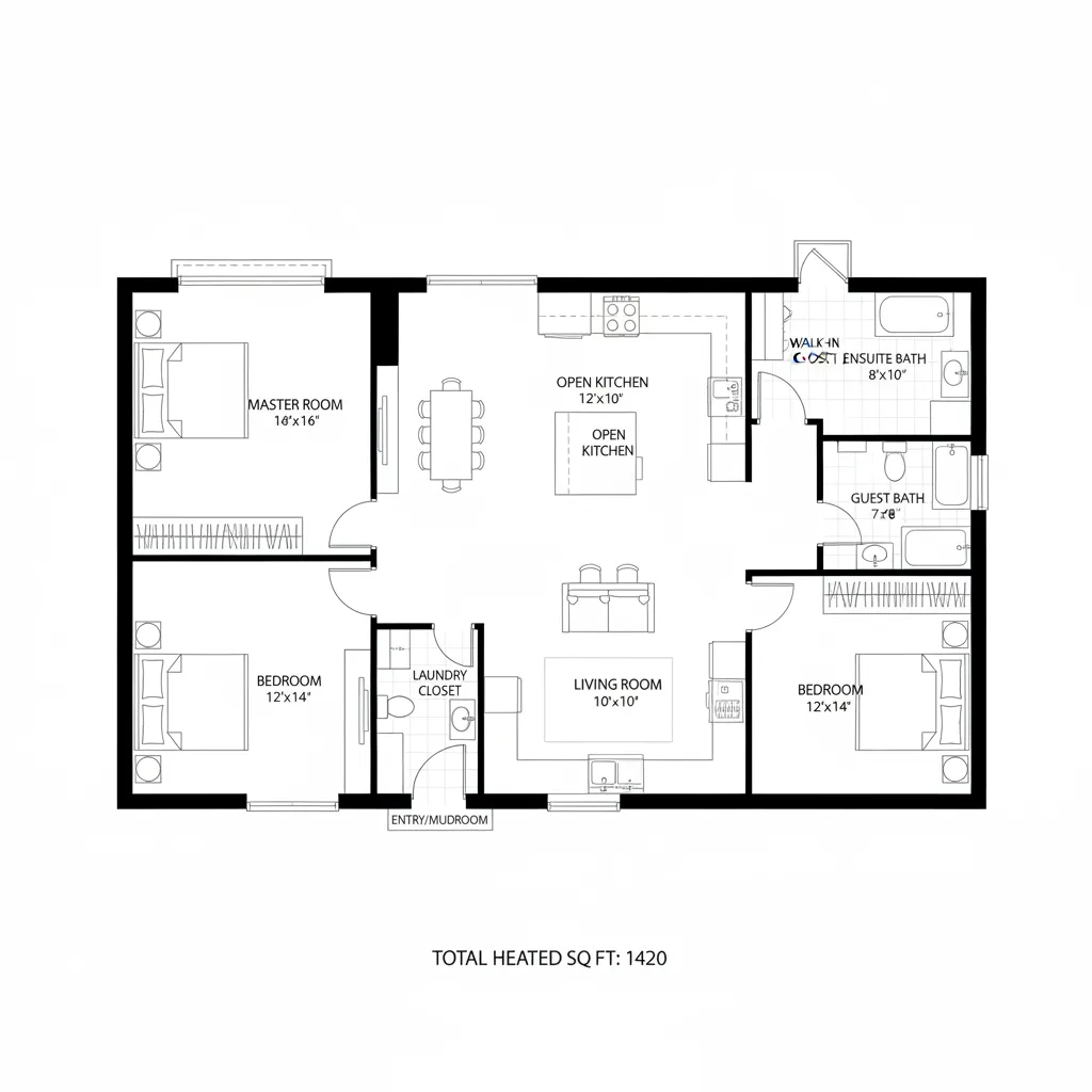 simple floor plan of a two bedroom two bath house under 1500 sq ft