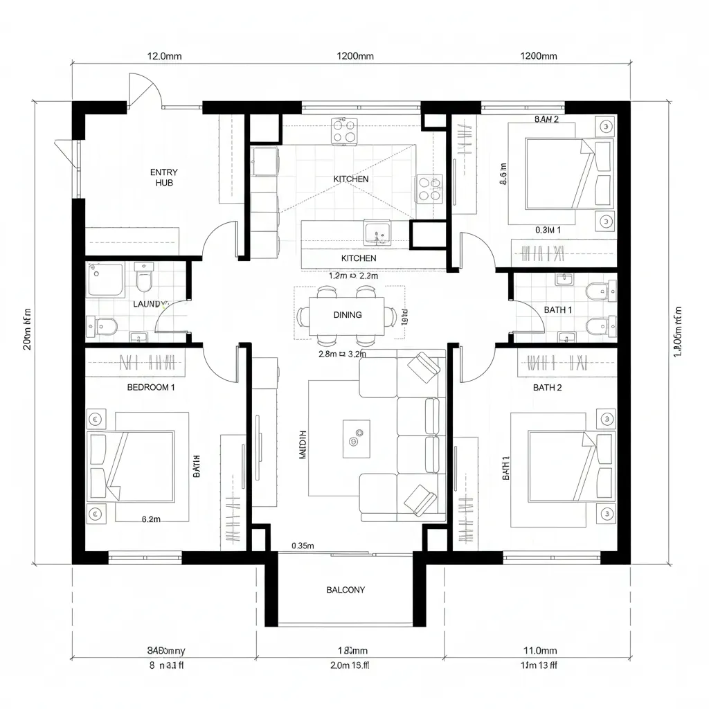 Floor plan drawing of a two bedroom apartment with central living area kitchen and a balcony