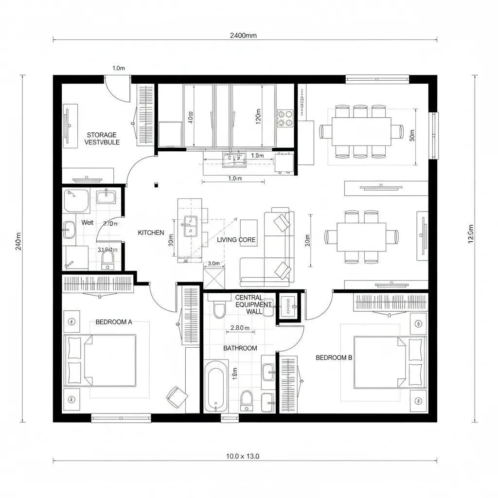Two-Bedroom Split-Core Layout