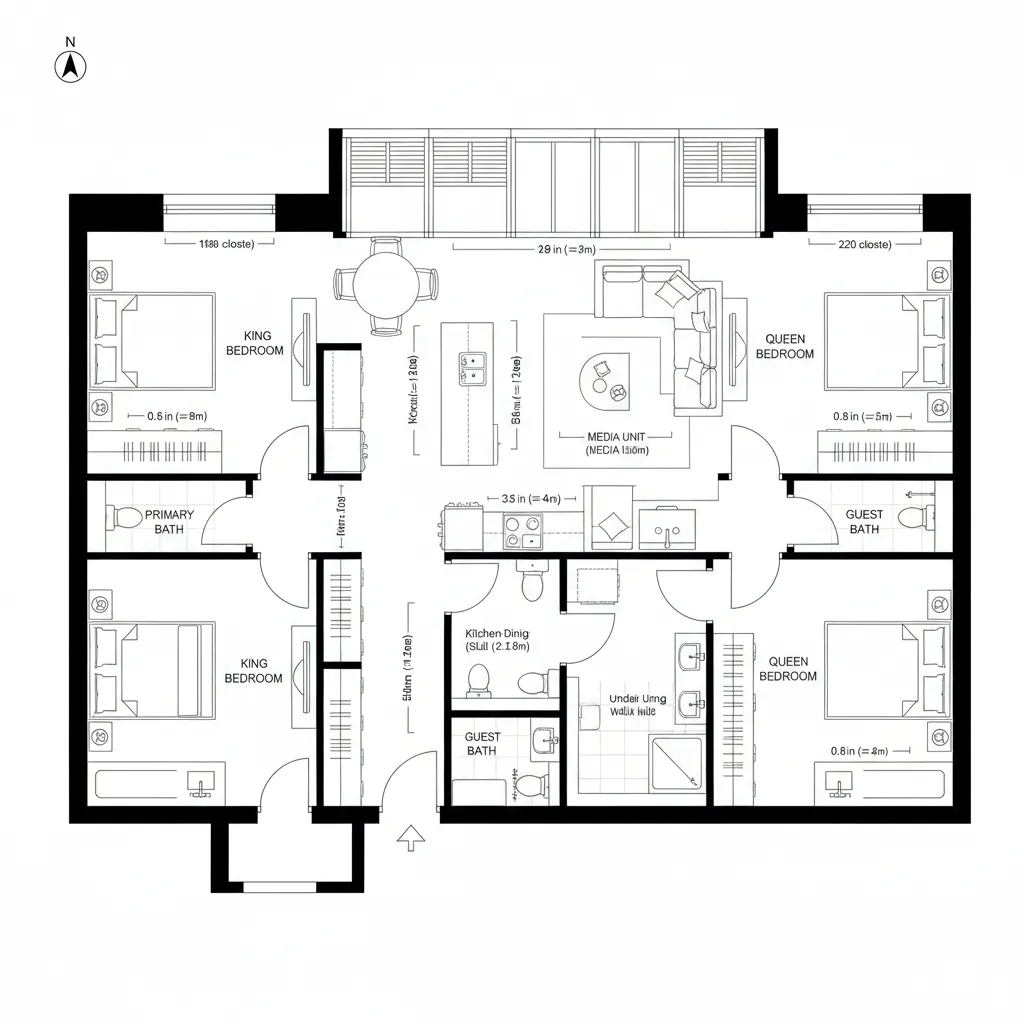 Top-down CAD plan of a split two-bedroom with central commons and anchored baths