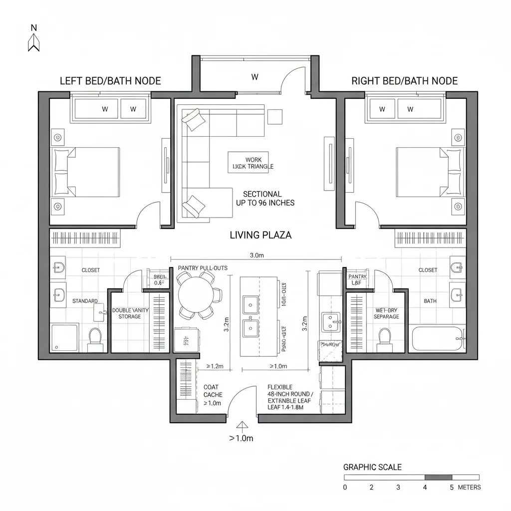 2D CAD floor plan of a two-bedroom split layout with central living core