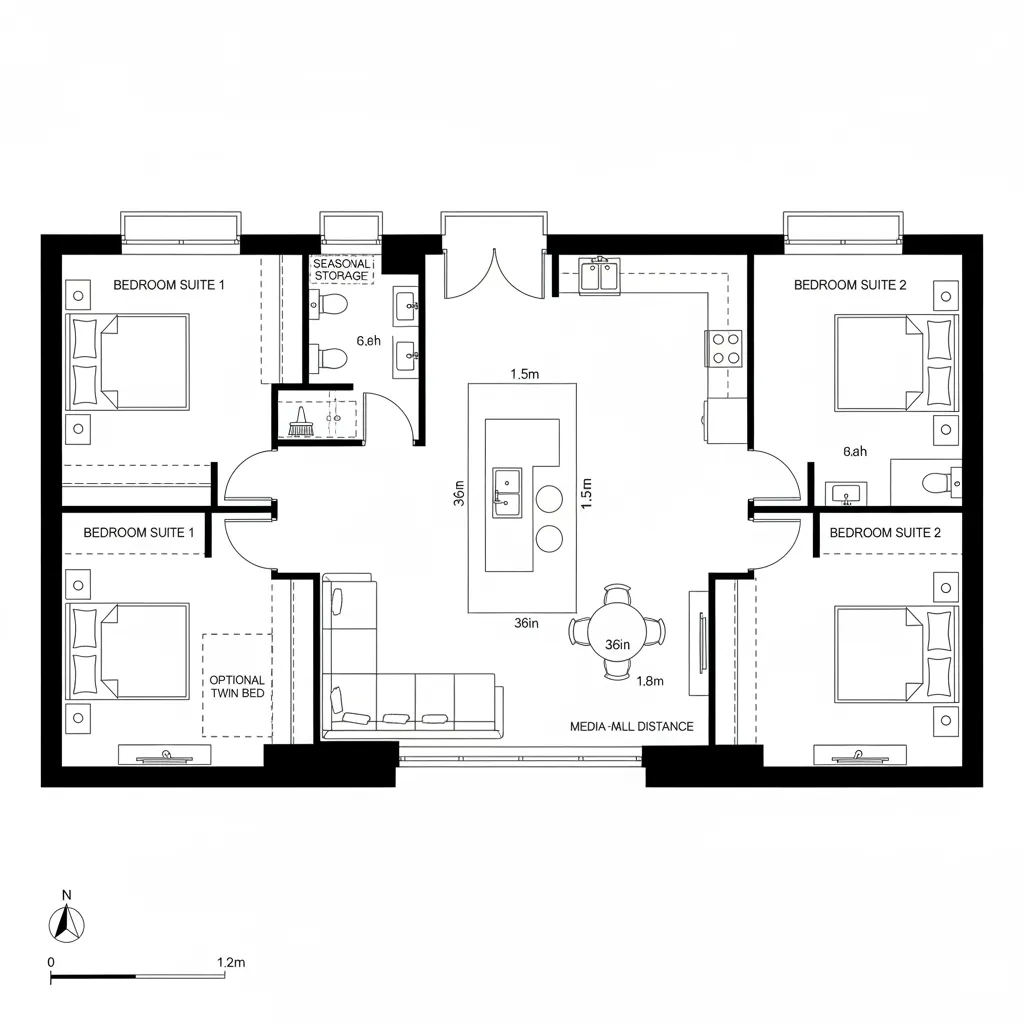 2D CAD split two-bedroom floor plan with central kitchen island and dual private suites