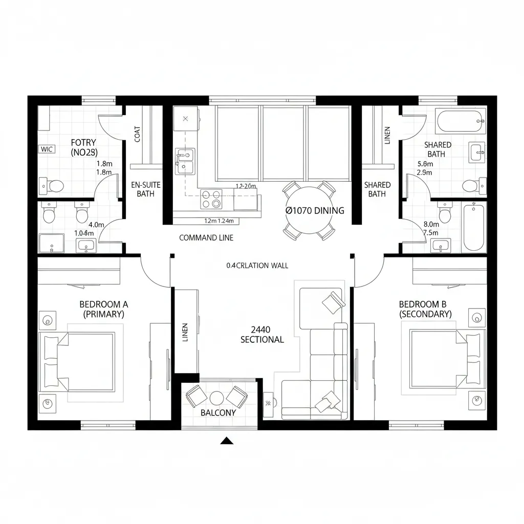 Modern two-bedroom apartment interior design drawing showing the room layout with furniture and balcony access