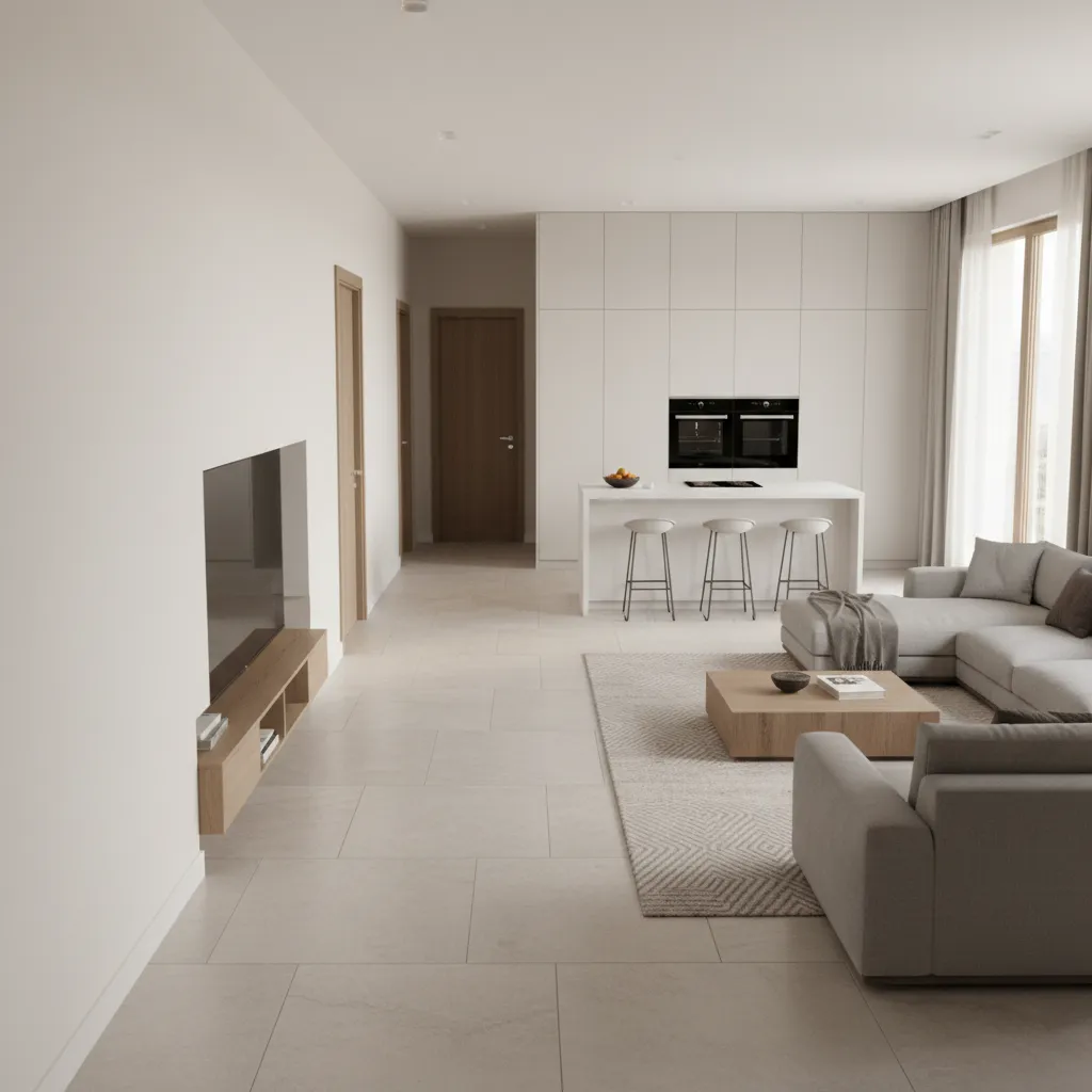 two bedroom house layout with bedrooms separated from open kitchen area