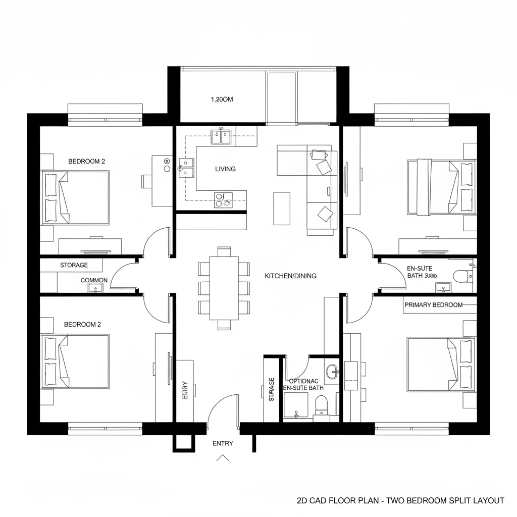 Two-bedroom house floor plan drawing showing living room dining area kitchen and split layout design