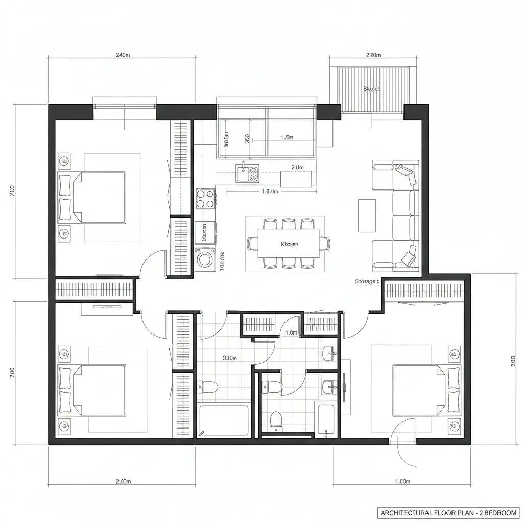 2D CAD plan of a split two-bedroom with central utility spine and diagonal entry-to-balcony sightline