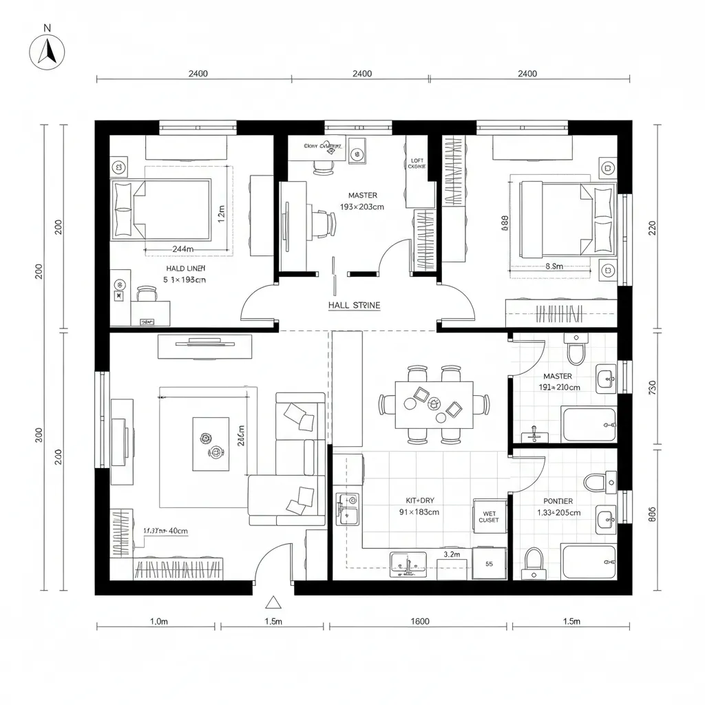 Modern two bedroom room layout including master suite open kitchen dining area and living room space