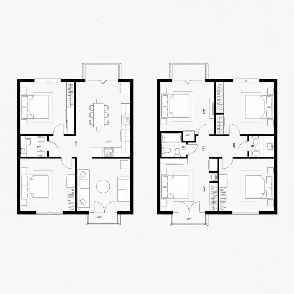 side by side floor plan showing two bedroom and three bedroom 1000 sq ft house designs