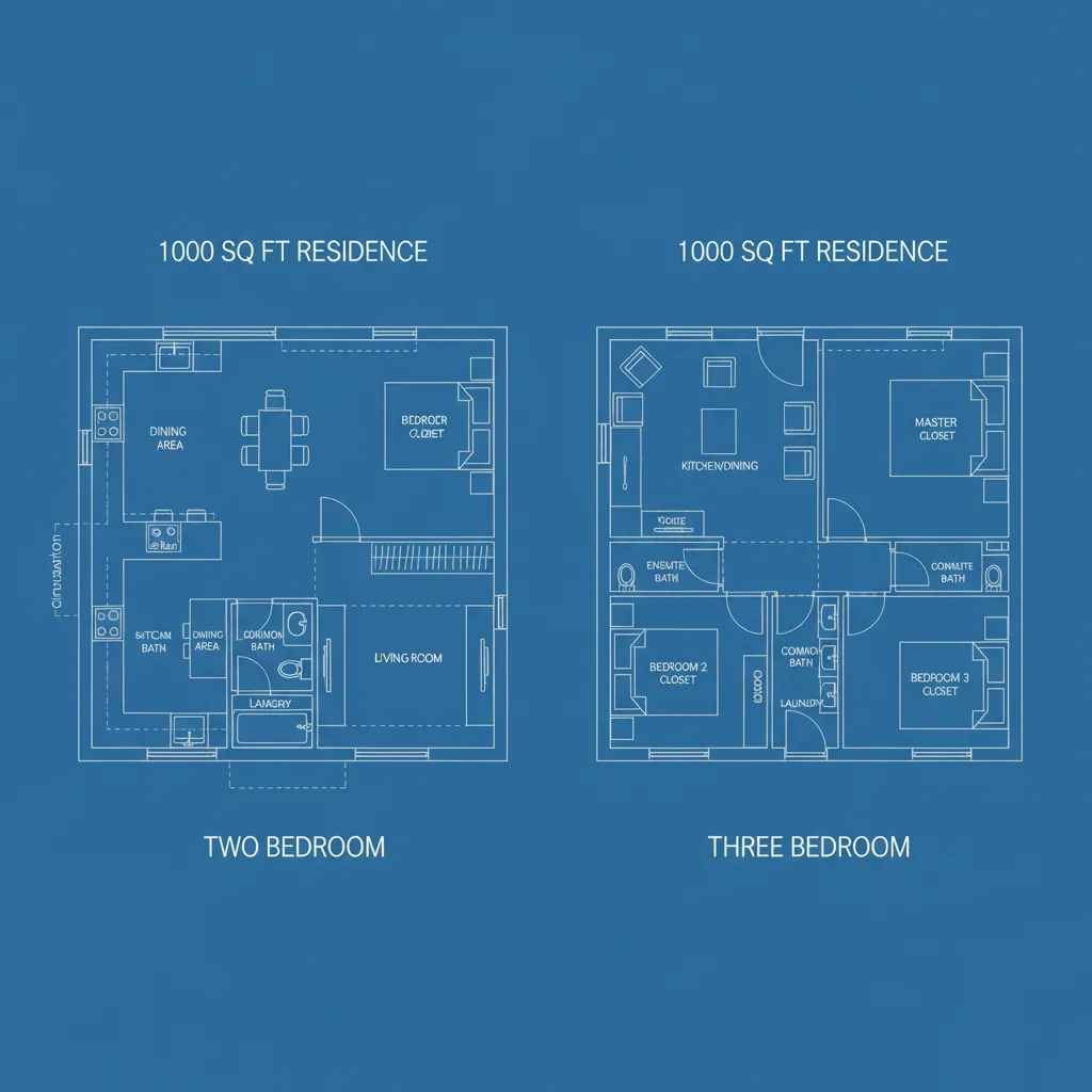 2 bedroom vs 3 bedroom 1000 sq ft house floor plan comparison