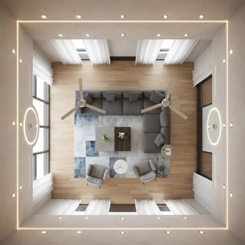 Living room layout showing spacing between two ceiling fans in false ceiling
