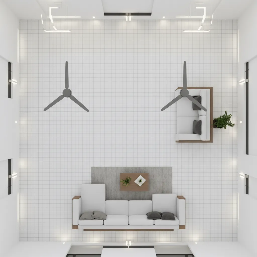 Living room ceiling diagram showing proper spacing for two ceiling fans
