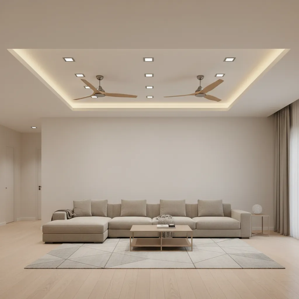 Living room ceiling showing proper spacing between two ceiling fans