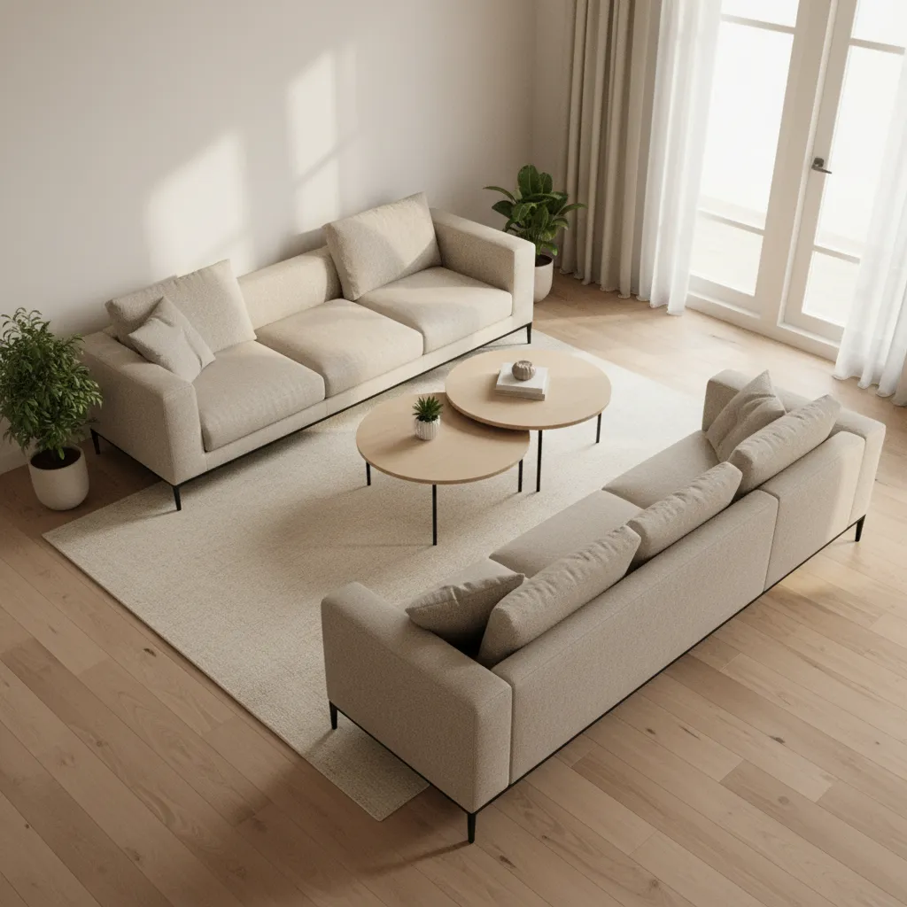 Living room with two beige sofas, two round wooden coffee tables, and a soft rug
