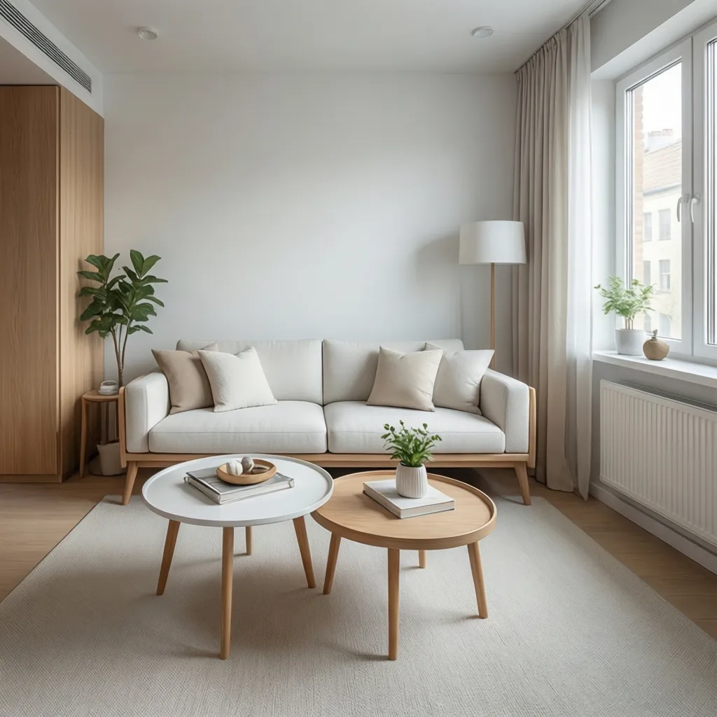pair of round coffee tables arranged in a small living room layout