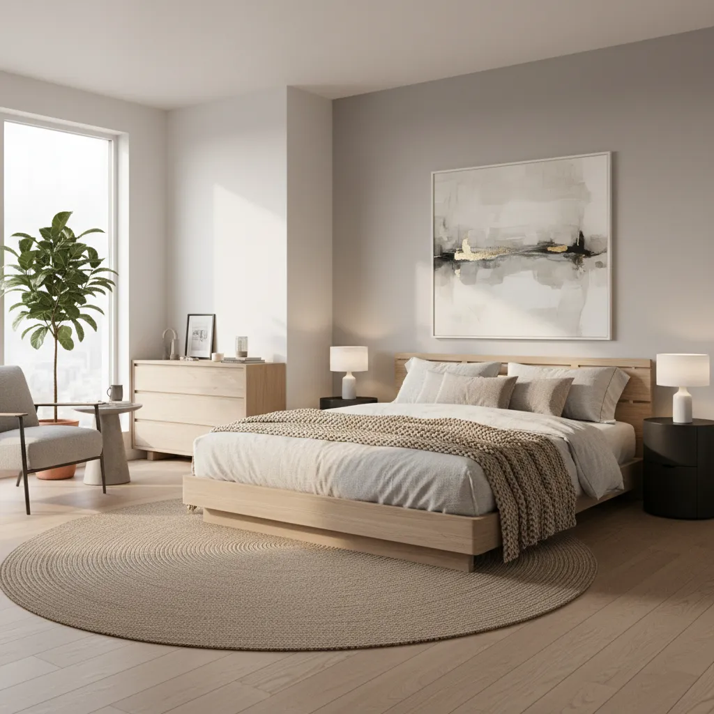 Bedroom showing two colour wall with soft neutral base and darker accent wall behind bed