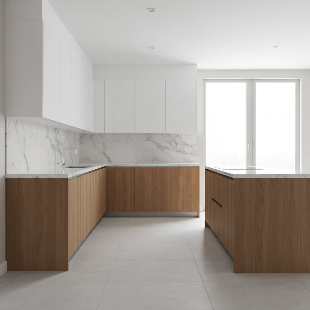 Modern kitchen interior with two tone mica cabinets white and walnut