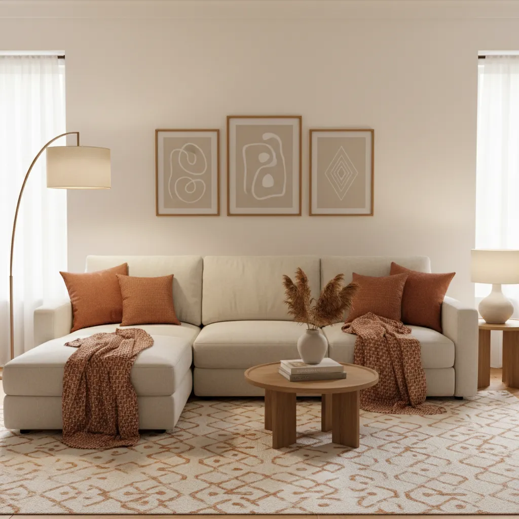Living room showing how cushions rugs and art reinforce a two colour palette