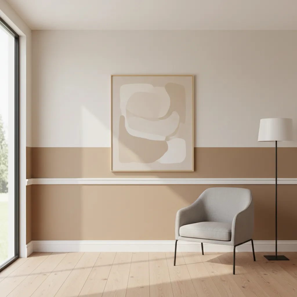 Room wall with horizontal two colour paint split darker bottom lighter top