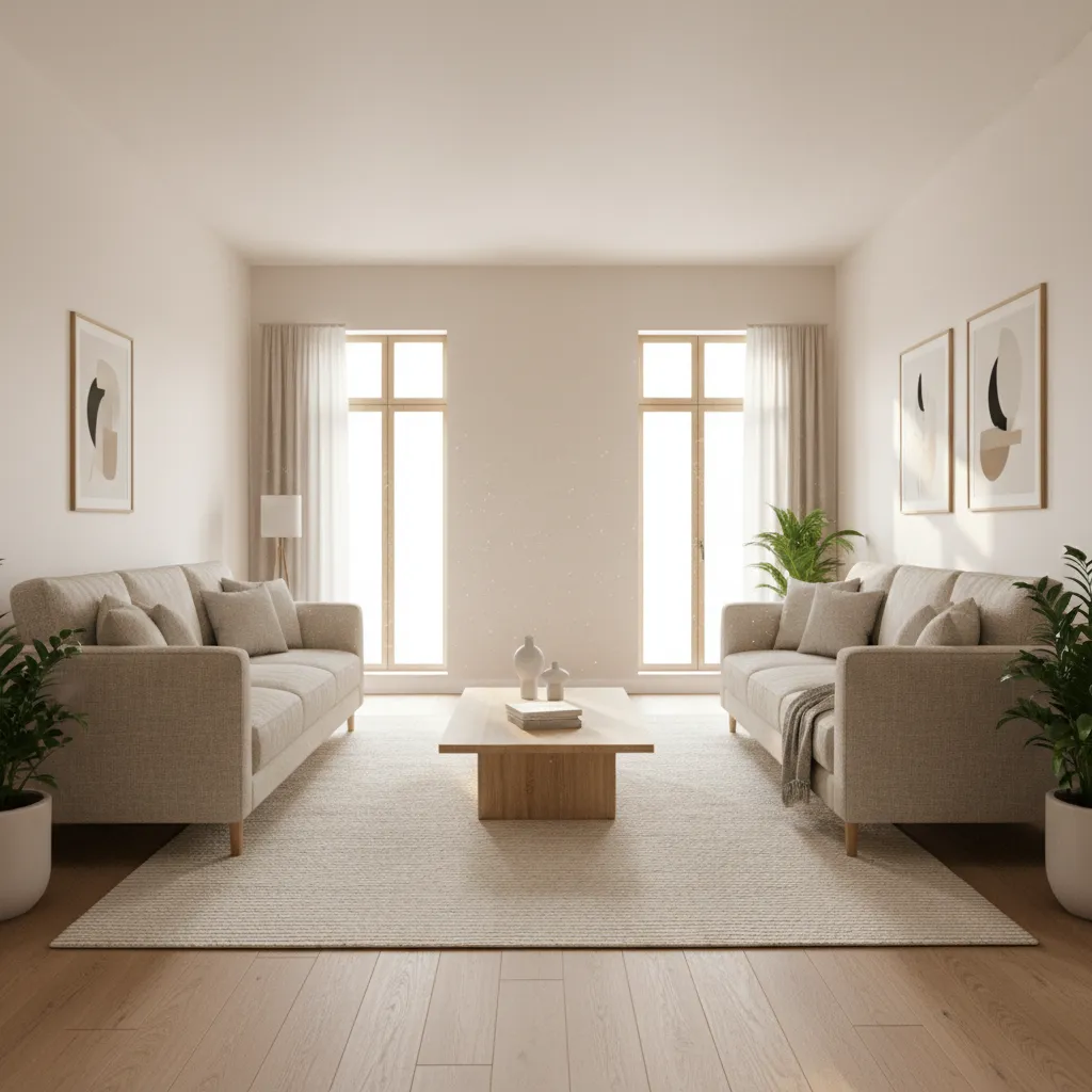 Bright living room with two beige sofas facing each other wooden coffee table plants and art