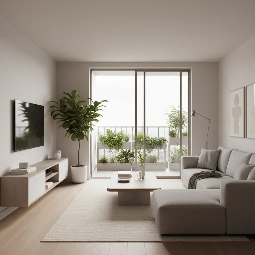 Modern apartment interior with sliding doors opening to a narrow 2 feet balcony