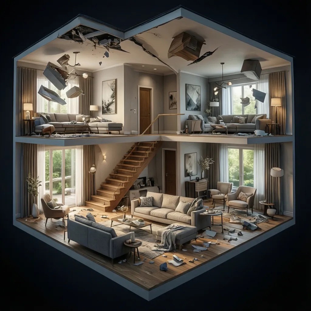 Vista 3D de distribución interior de una casa de dos pisos