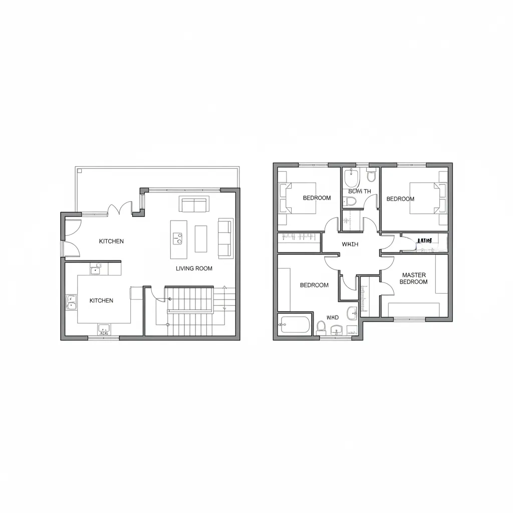 Two floor house layout showing ground floor kitchen living room and upper floor four bedrooms