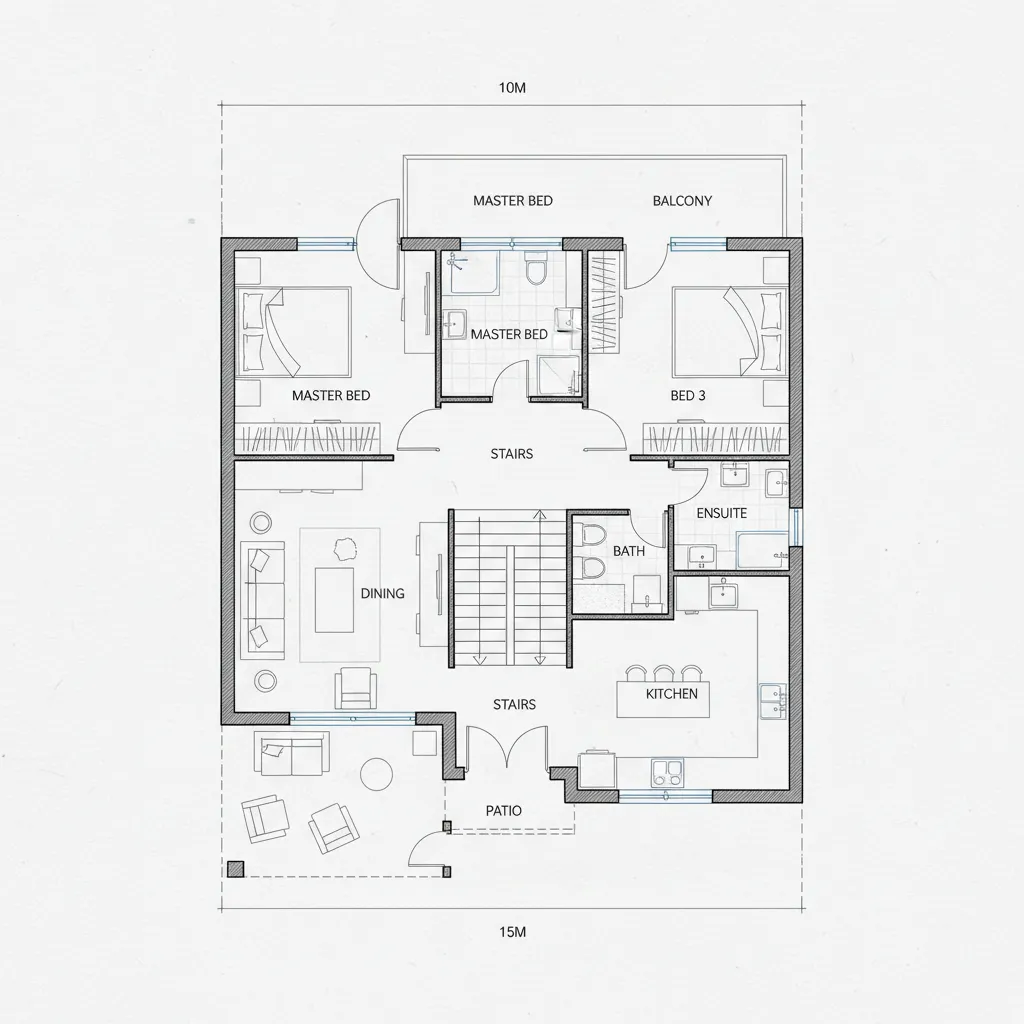 Detailed floor plan drawing showing bedrooms kitchen dining area stairs patio and three different bathrooms