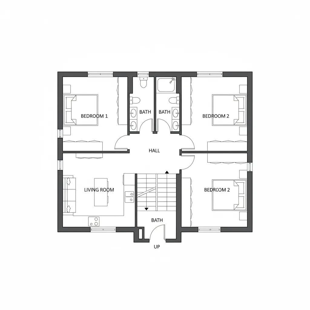2D floor plan layout showing three bedrooms three bathrooms living room stairs and central hallway