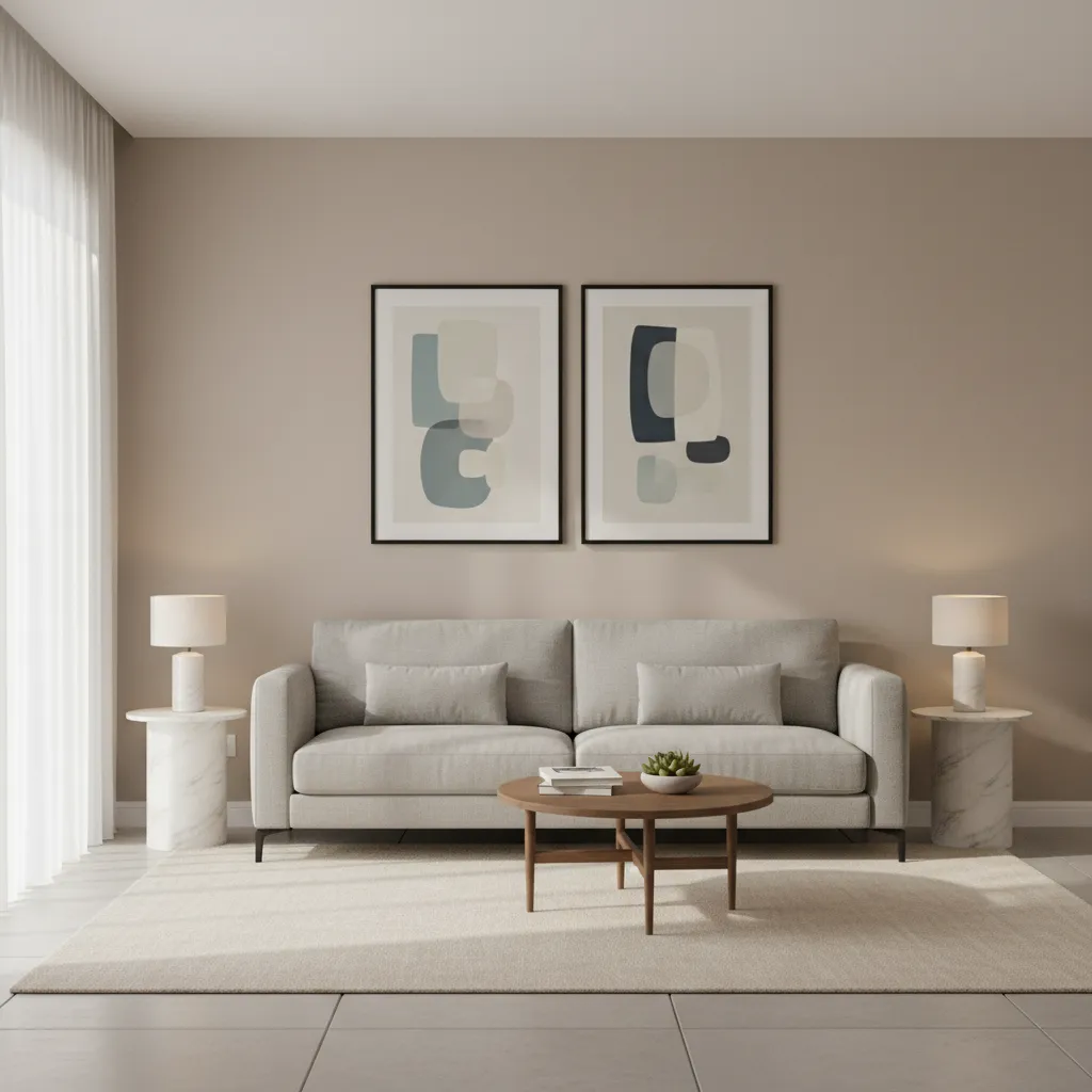 Two framed artworks evenly spaced above a sofa