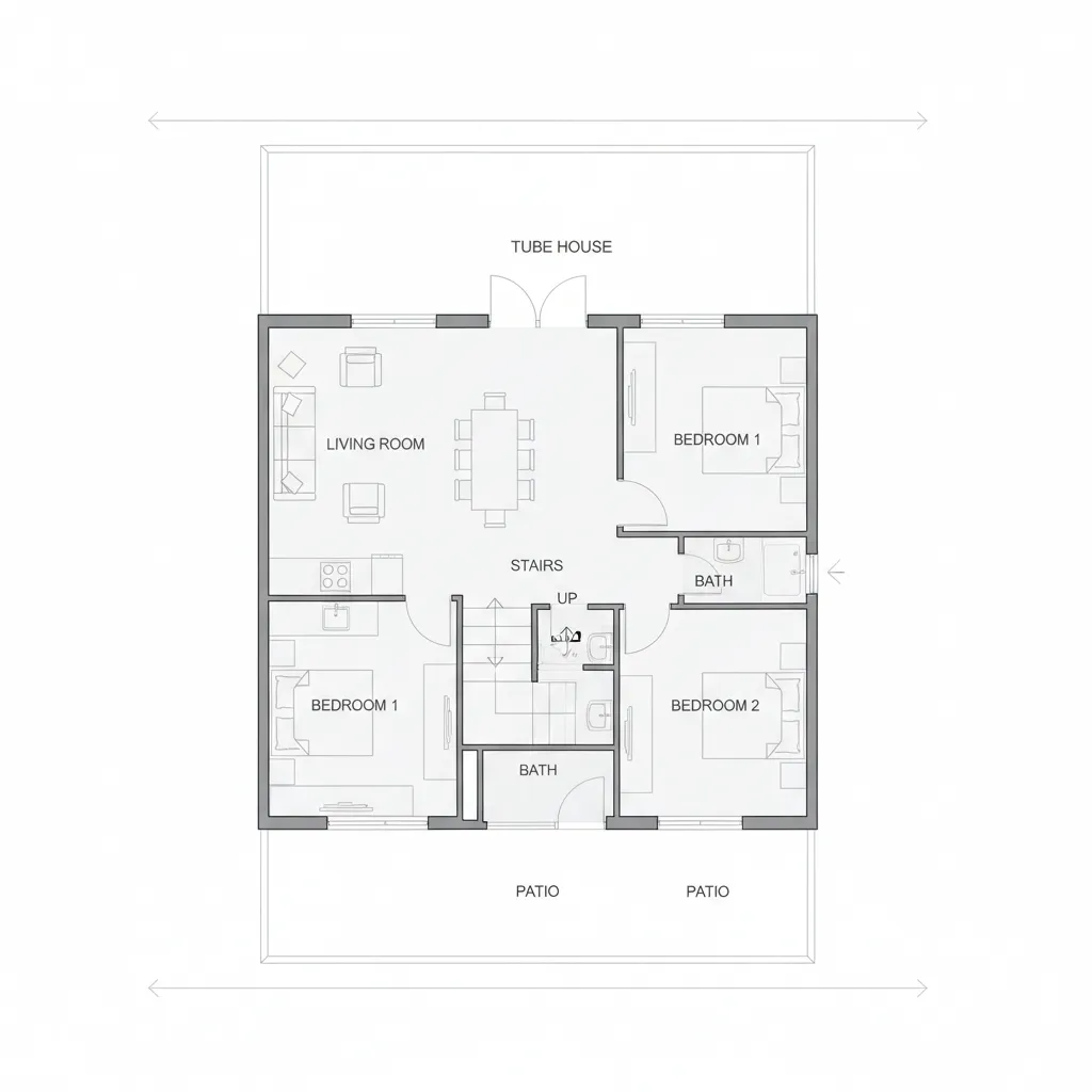 Detailed floor plan showing three bedrooms living room dining area stairs bathrooms and outdoor patio