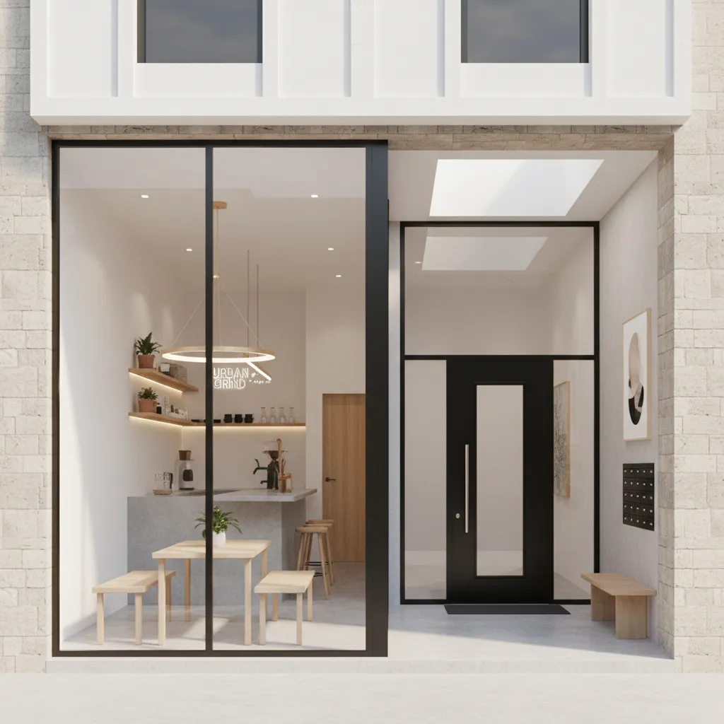 Interior design drawing of cafe storefront with glass windows wooden table and round ceiling light