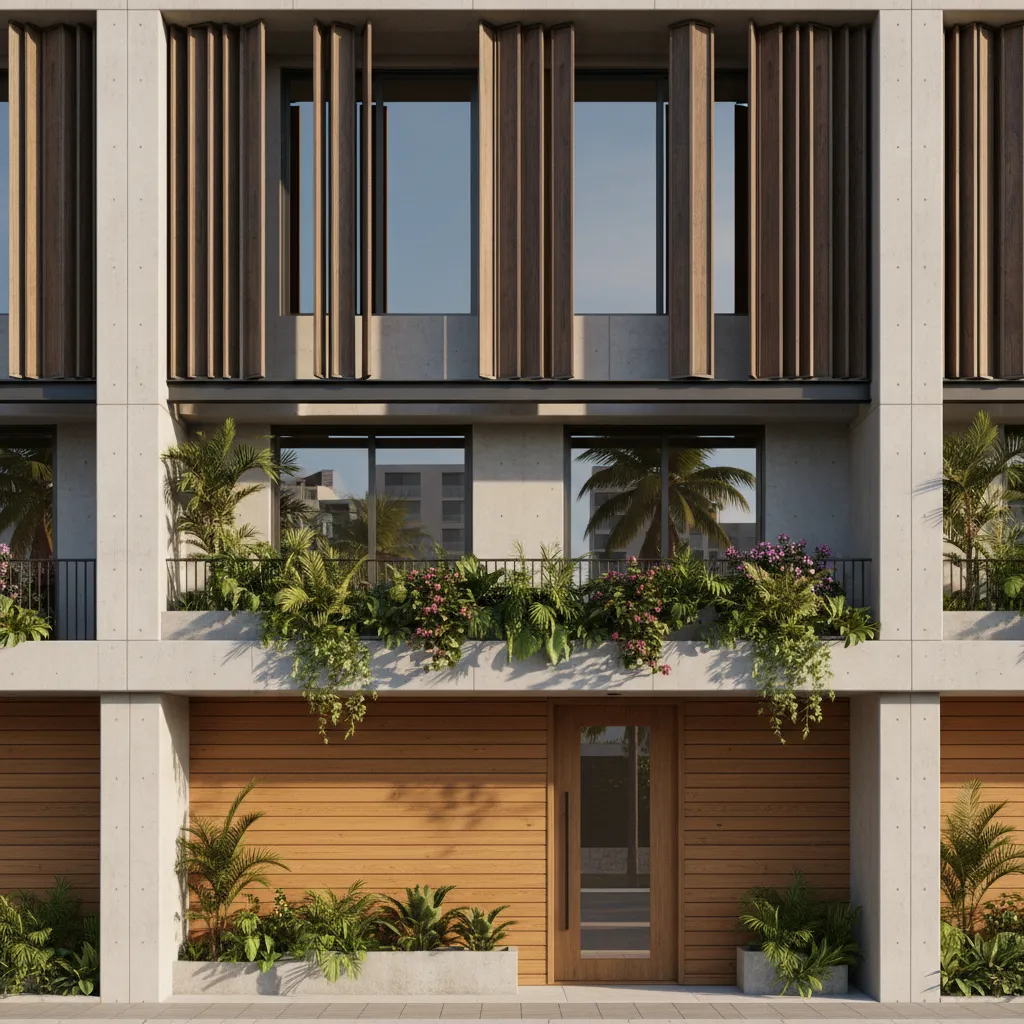 Modern house exterior with wooden wall panels green plants on balcony and large glass door