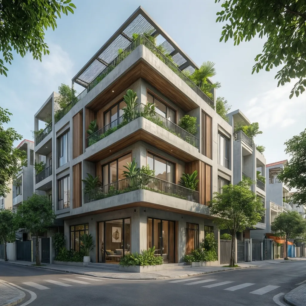 Modern corner apartment building with grey concrete walls wooden ceilings many green plants on balconies