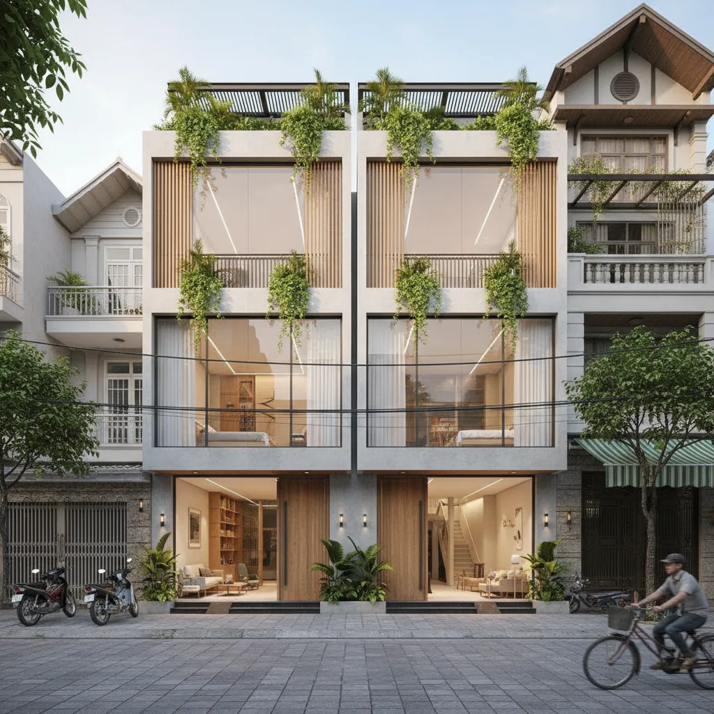 Modern twin house with large glass windows hanging green plants and person on a bicycle