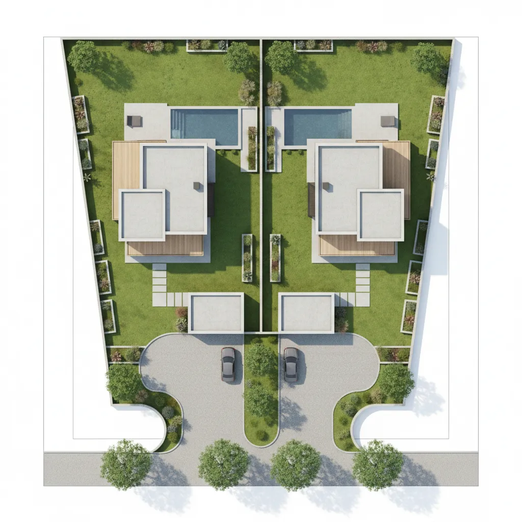 Interior design drawing showing room layout of two houses with swimming pools and parked cars