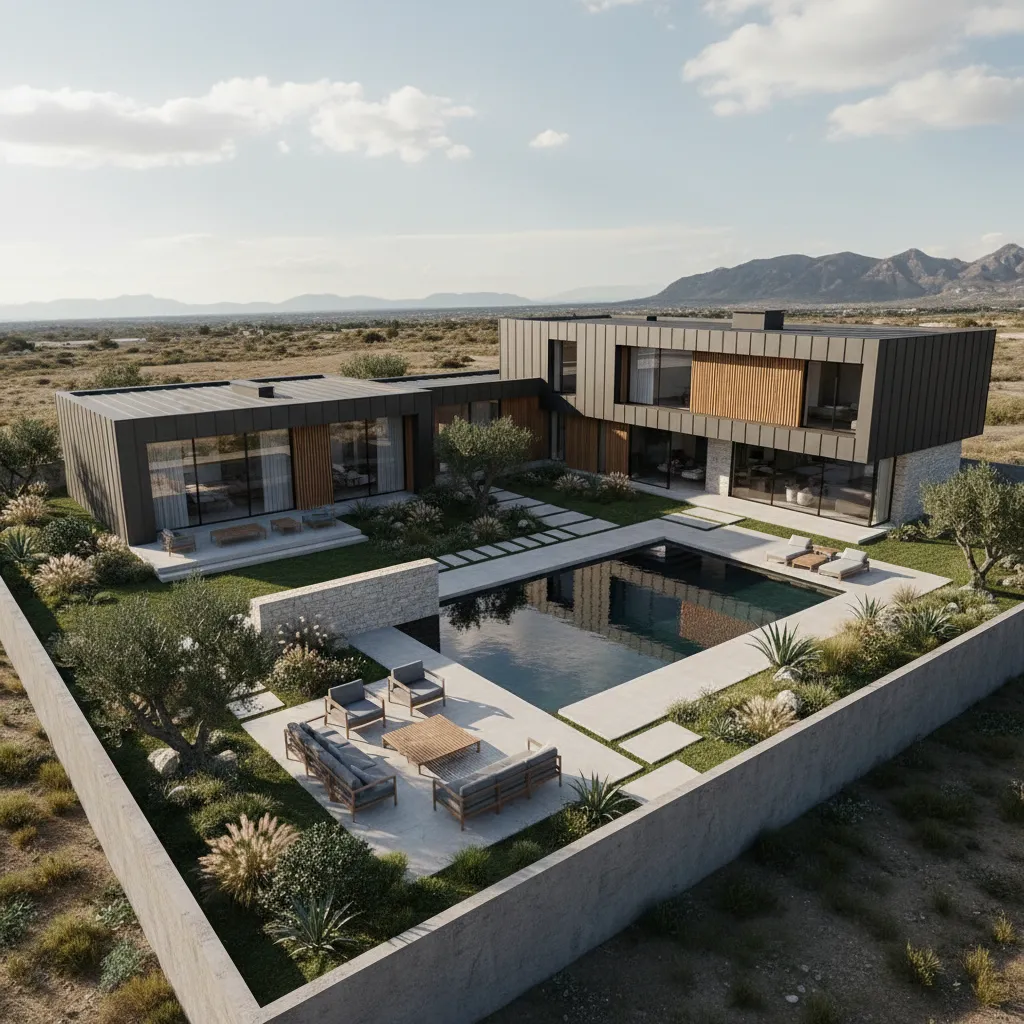 Modern interior design drawing of luxury house with swimming pool and outdoor sofa seating area
