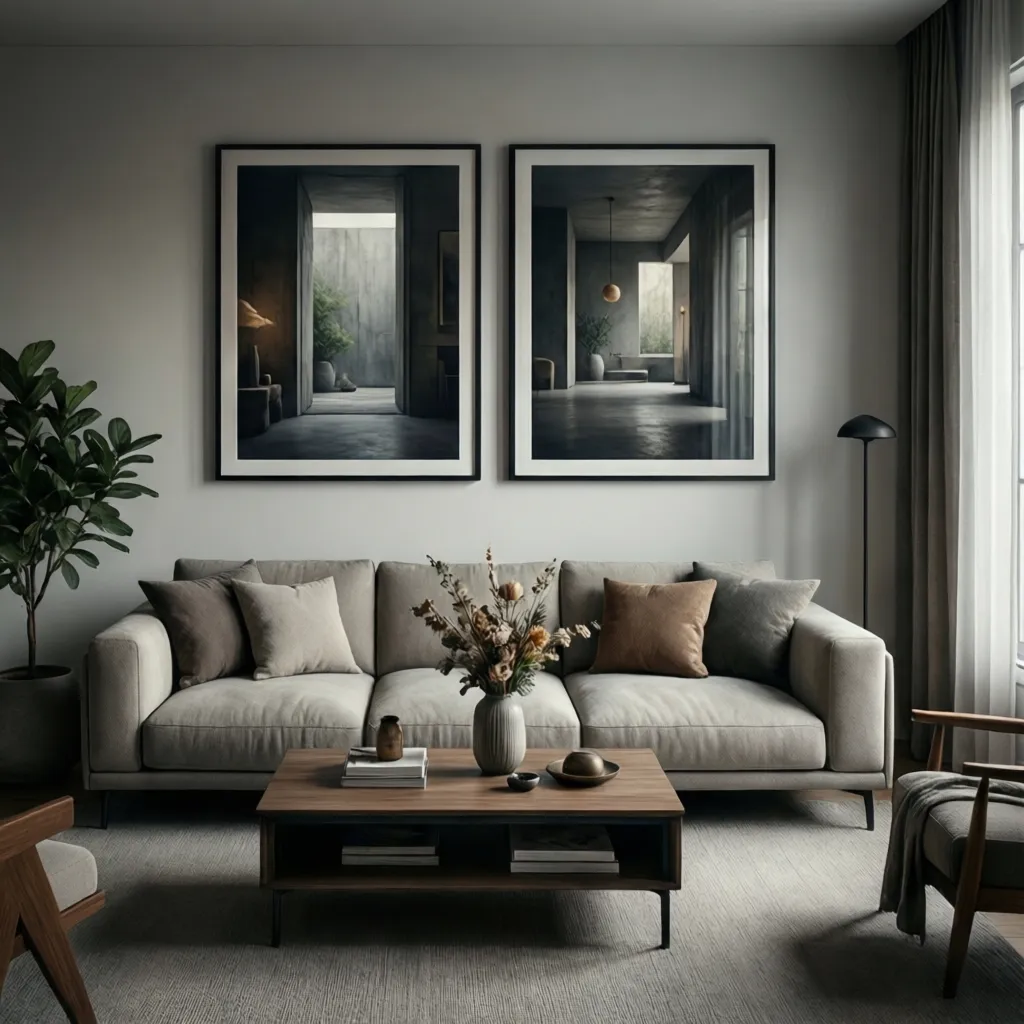 Two large framed artworks spaced evenly above a sofa in a modern living room