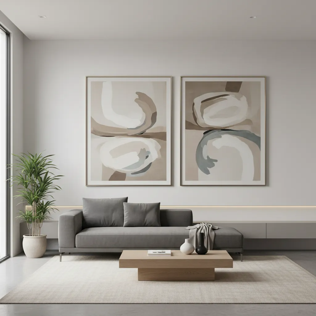 Living room wall with two large framed artworks placed side by side above a sofa