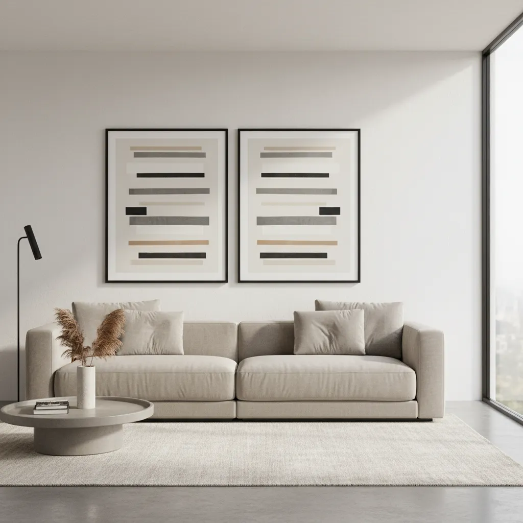 Two large wall frames spaced evenly above a sofa in a modern living room