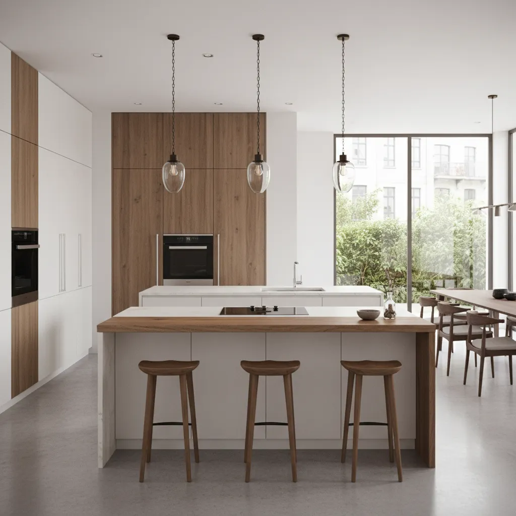 two level breakfast bar separating kitchen work area from dining